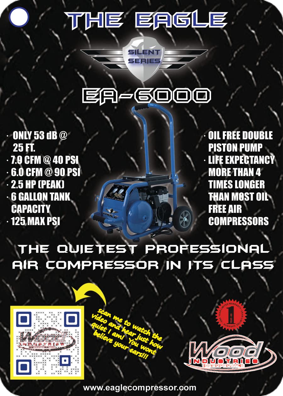Eagle EA-6000 Silent Series 6000 Portable Electric Air Compressor 125 PSI MAX Hot Dog with Panel and Wheels, Ultra- Quiet, Blue, 6 Gallon