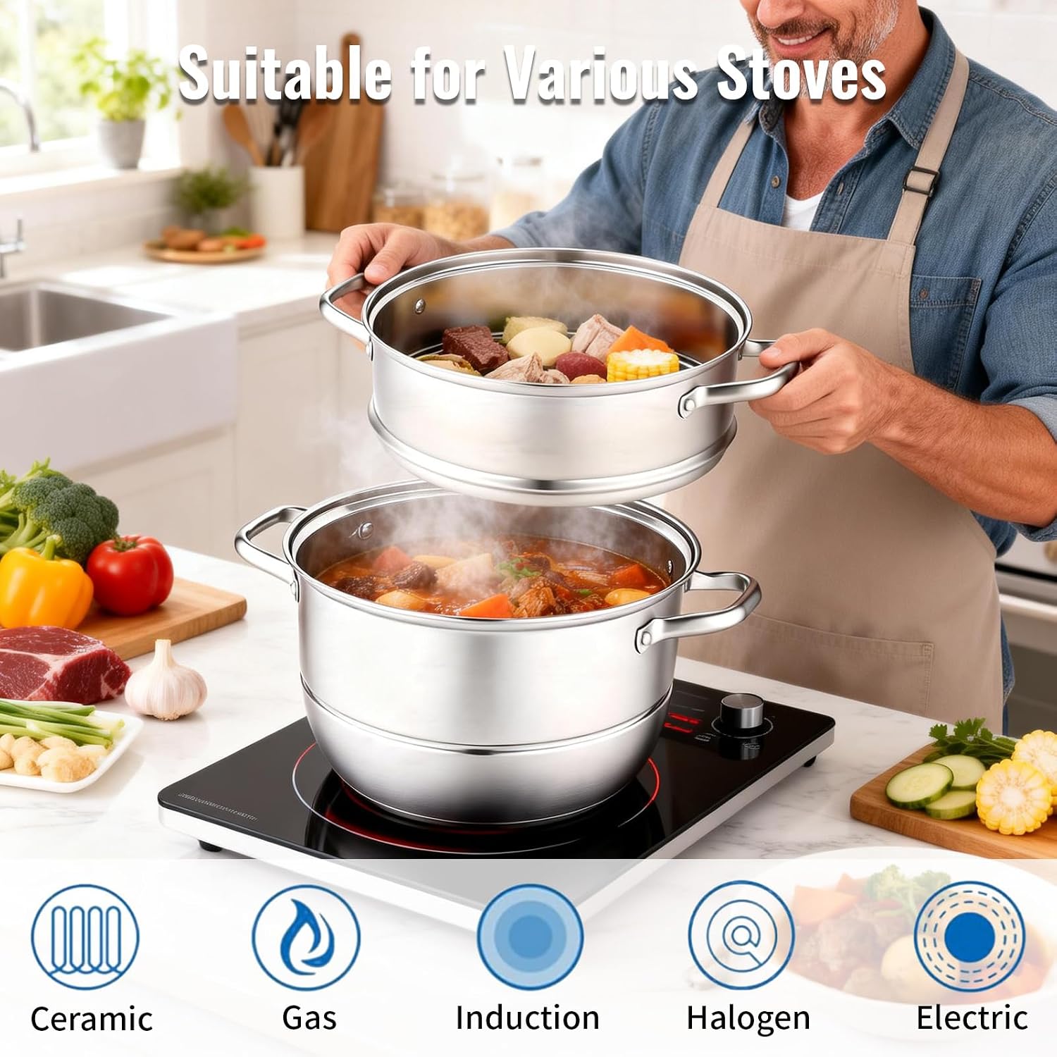 3-Tier 24 Qt Stainless Steel Steamer Pot with Glass Lid – Multi-Layer Stackable Cookware for Tamales