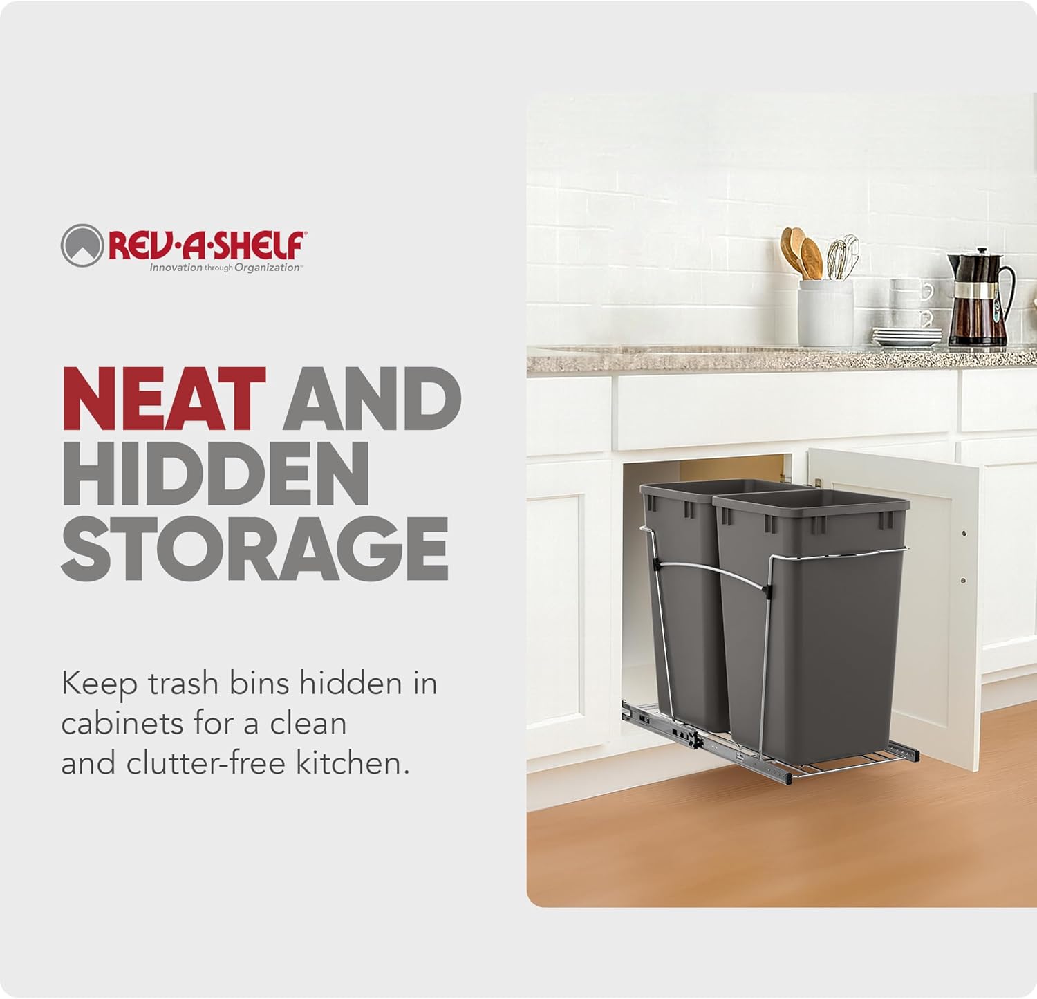 Rev-A-Shelf Double 27 Qt Pullout Trash Can for Base Kitchen Cabinets, Garbage Waste Bin System with Full Extension Slides, Min Opening Width of 11.5", Metallic Silver, RV-15KD-17C S