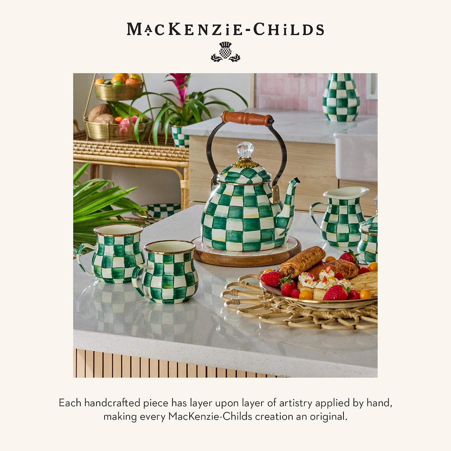MACKENZIE-CHILDS Enamel Tumbler, Black-and-White Courtly Check | Hand-painted design, elegant drinkware with gold rim, 2.75" dia. x 4.5" H, 10-ounce capacity