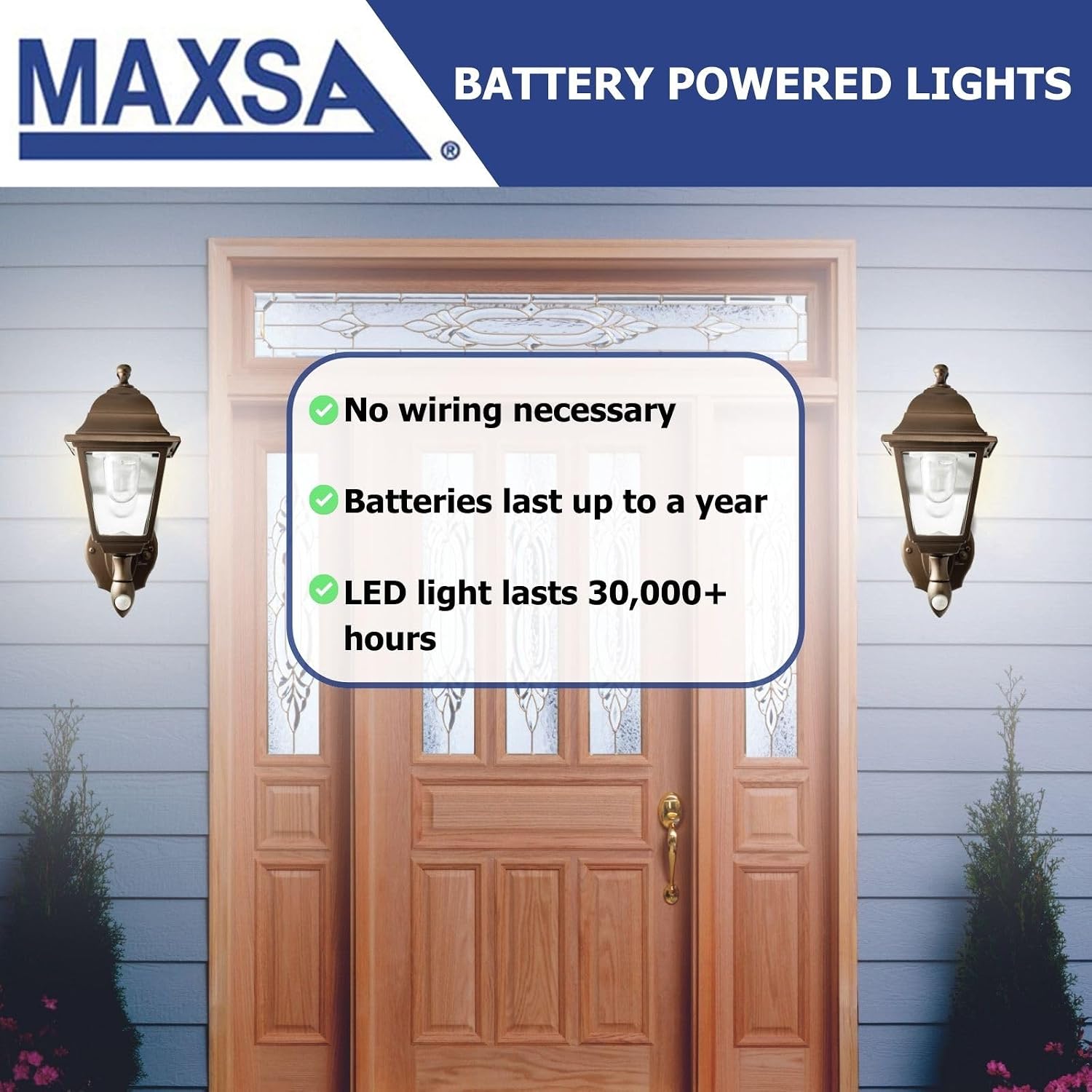 Maxsa 44219 Premium Wireless Battery-Powered Motion-Activated Decorative Outdoor Wall Sconce Lighting Fixture, Cool White LED, Metal Housing, Black