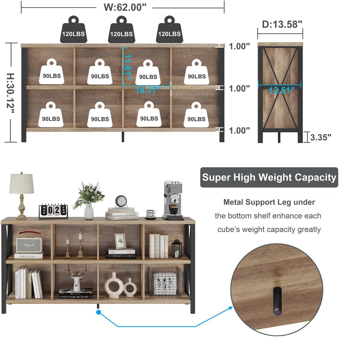 FATORRI 8 Cube Storage Organizer Bookshelf, 62 Inch Wood Horizontal Bookcase, Farmhouse Cube Long Book Shelf