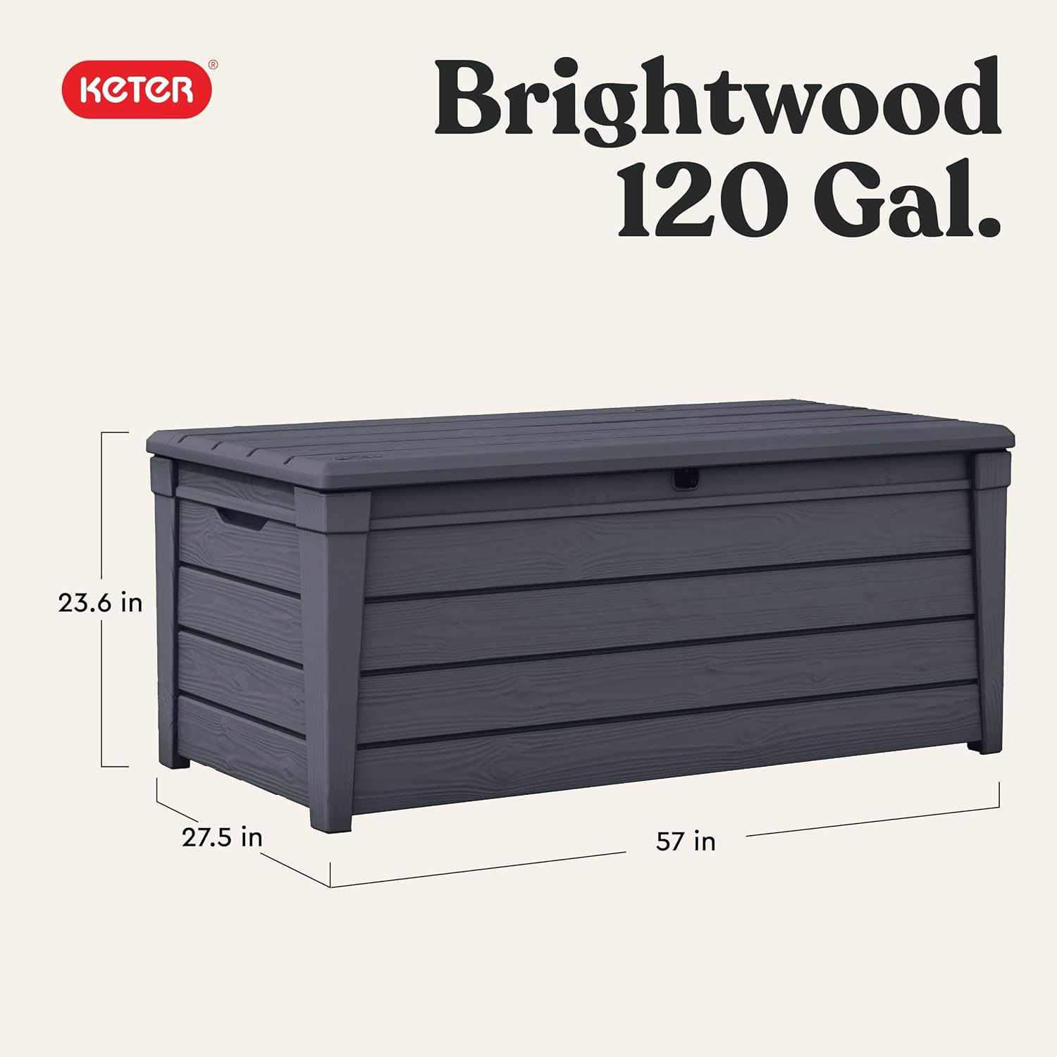 Keter Brightwood 120 Gallon Resin Large Deck Box for Patio Garden, Outdoor Cushion Storage, Pool Accessories, Tools, Grey