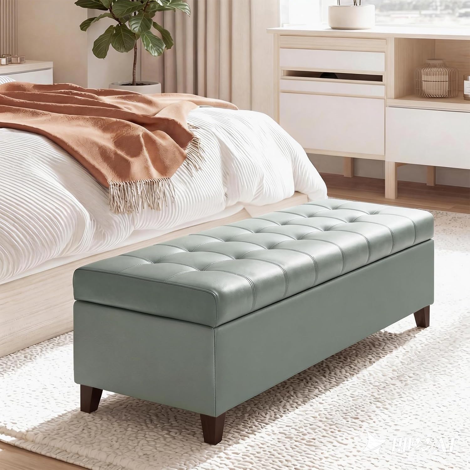 51 Inch Storage Bench,Leather Tufted Storage Ottoman with Legs | Safety Hinges,Wooden Legs,Upholstered,End of Bed,Bedroom,Living Room,Entryway,330LBS,Brown