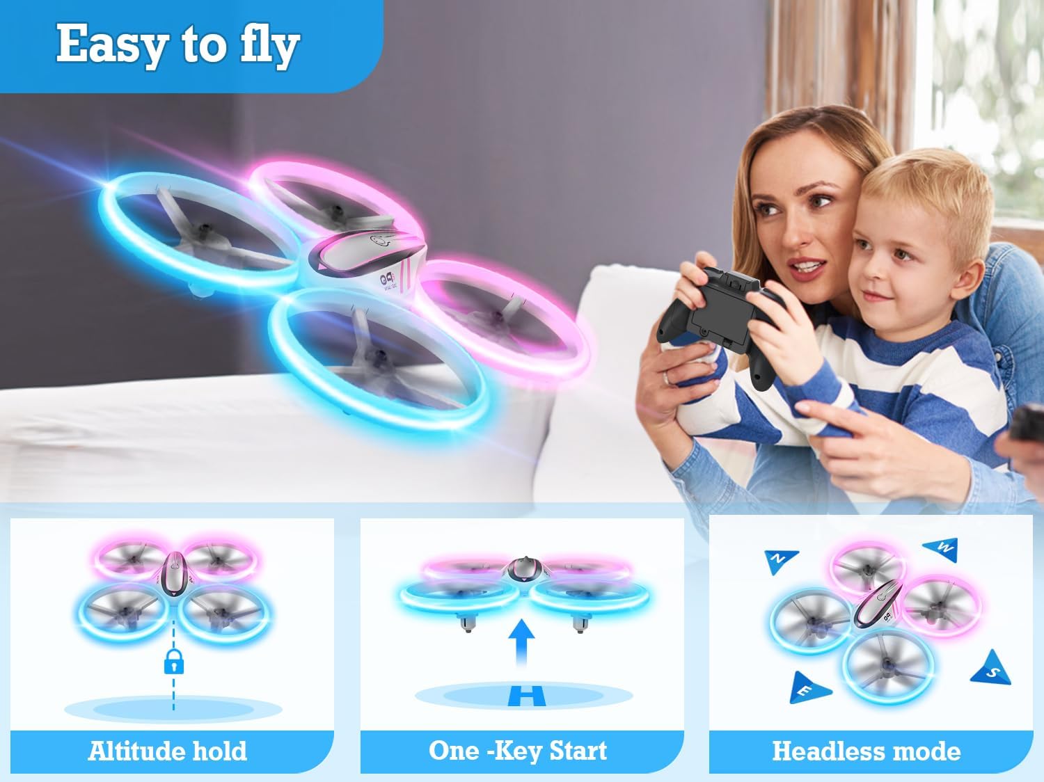Q9s Drones for Kids,RC Drone with Altitude Hold and Headless Mode,Quadcopter with Blue&Green Light,Propeller Full Protect,2 Batteries and Remote Control,Easy to fly Kids Gifts Toys for Boys and Girls