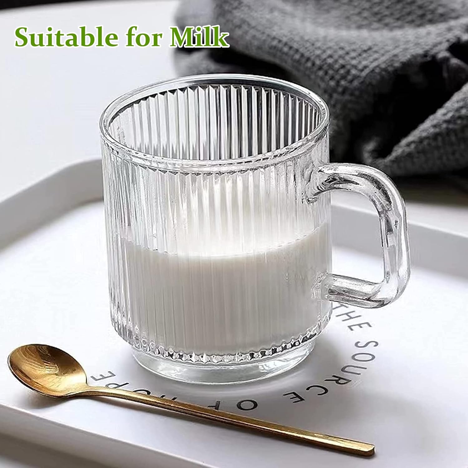 Qipecedm 6 PACK Premium Glass Coffee Mugs with Handle, 12 OZ Classic Vertical Stripes Glass Coffee Cups, Transparent Tea Cup for Hot/Cold Beverages
