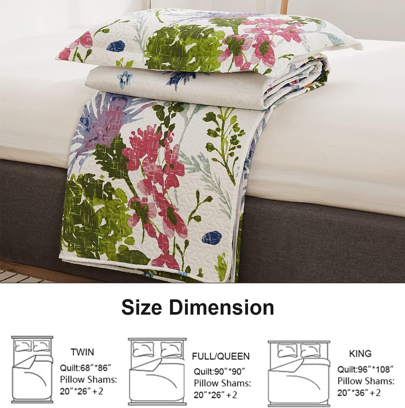 Ycosy Floral Quilt Set Full/Queen Size Reversible Flower Bedspread Queen Summer Lightweight Quilt Bedding Purple Floral Quilts Green Leaves Coverlet