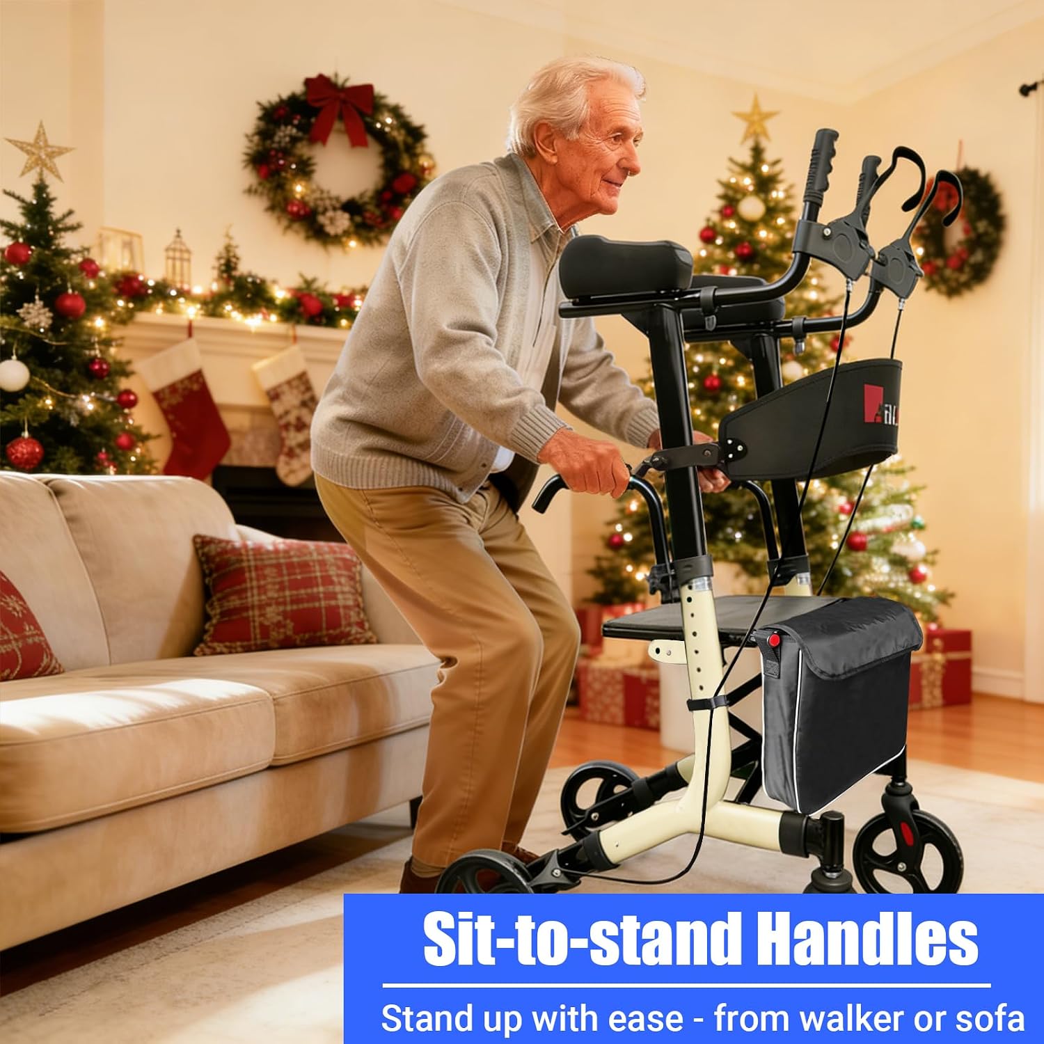 Aliseniors Upright Walker for Seniors - Big Stand Up Walker with Wide Seat, Foldable 4 Wheel All-Terrain Rolling Walker, Adjustable Armrests, 300lbs, Improves Posture & Reduces Back Strain | 20.6" Wide Seat, Foldable Rollator, 8" All-Terrain Wheels, Adju…