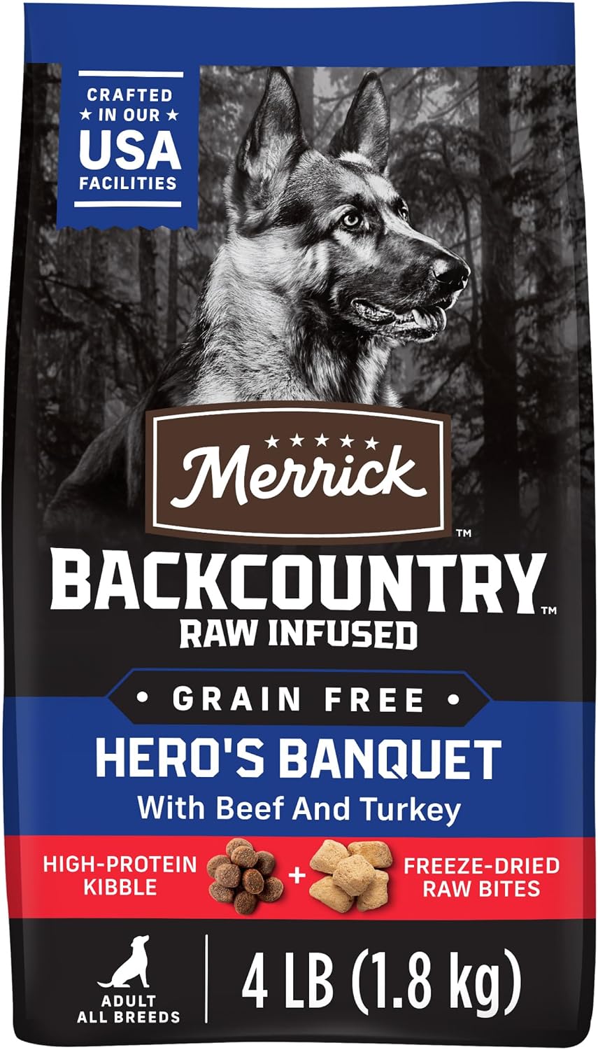 Merrick Backcountry Grain Free Dry Adult Dog Food, Kibble With Freeze Dried Raw Pieces, Hero’s Banquet Recipe - 4.0 lb. Bag