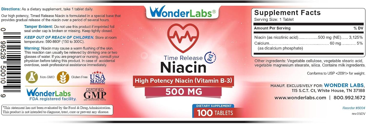 Wonder Laboratories High Potancy Time Release Niacin (Vitamin B3) 500 Mg 300 Tablets Non-GMO, Gluten Free Supplement