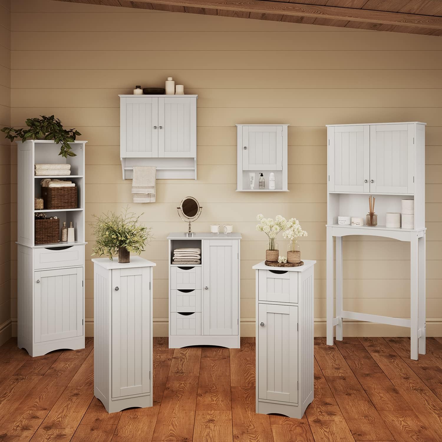 RiverRidge Ashland Slim Bathroom Storage Cabinet with Drawer, White | Inset Beadboard Panels, Narrow Medicine Cabinet, Linen Cabinet