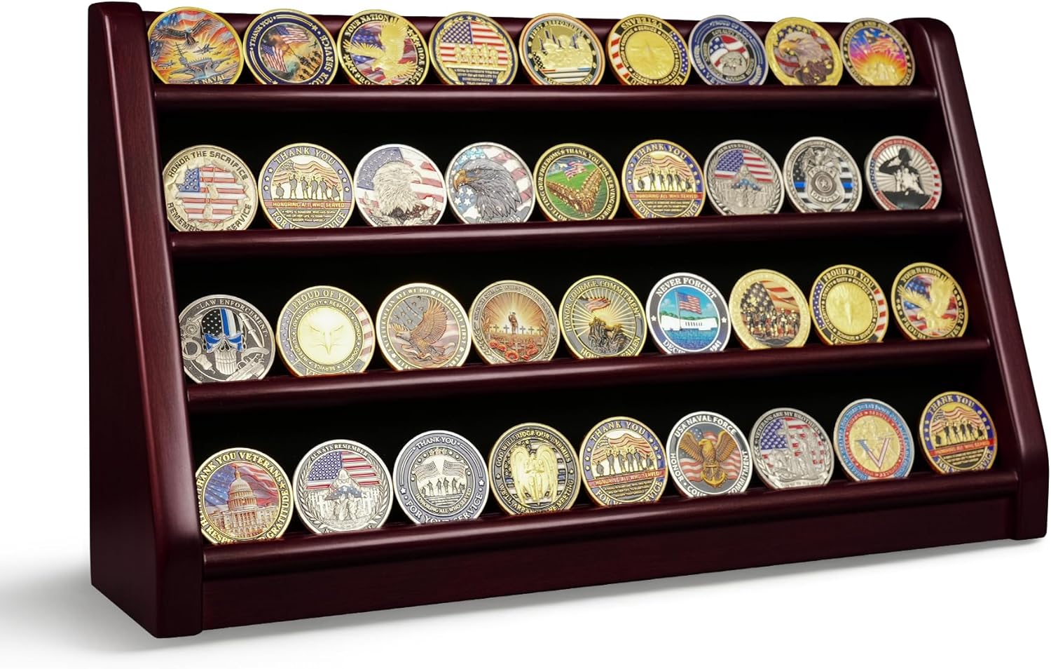 ASmileIndeep 3 Rows Wooden Challenge Coin Wall Display Stand - Military Coin Holder Army Coins Rack, Holds 21-24 Coins, Mahogany