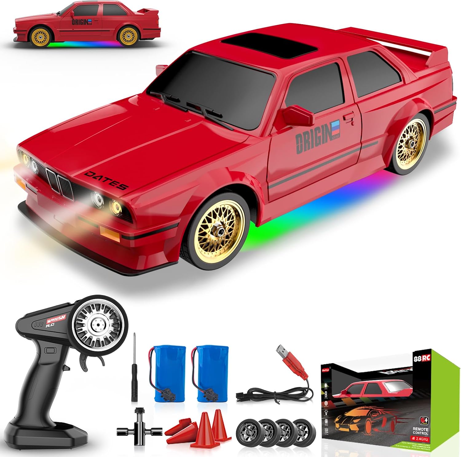 Remote Control Cars 1:16 Scale RC Drift Car 2.4Ghz 30KM/H High Speed 4WD RTR Racing Car with Drift Tires LED Lights 2PCS Rechargeable Batteries RC Sport Cars Toys for Adults Boys Girls Kids Gift