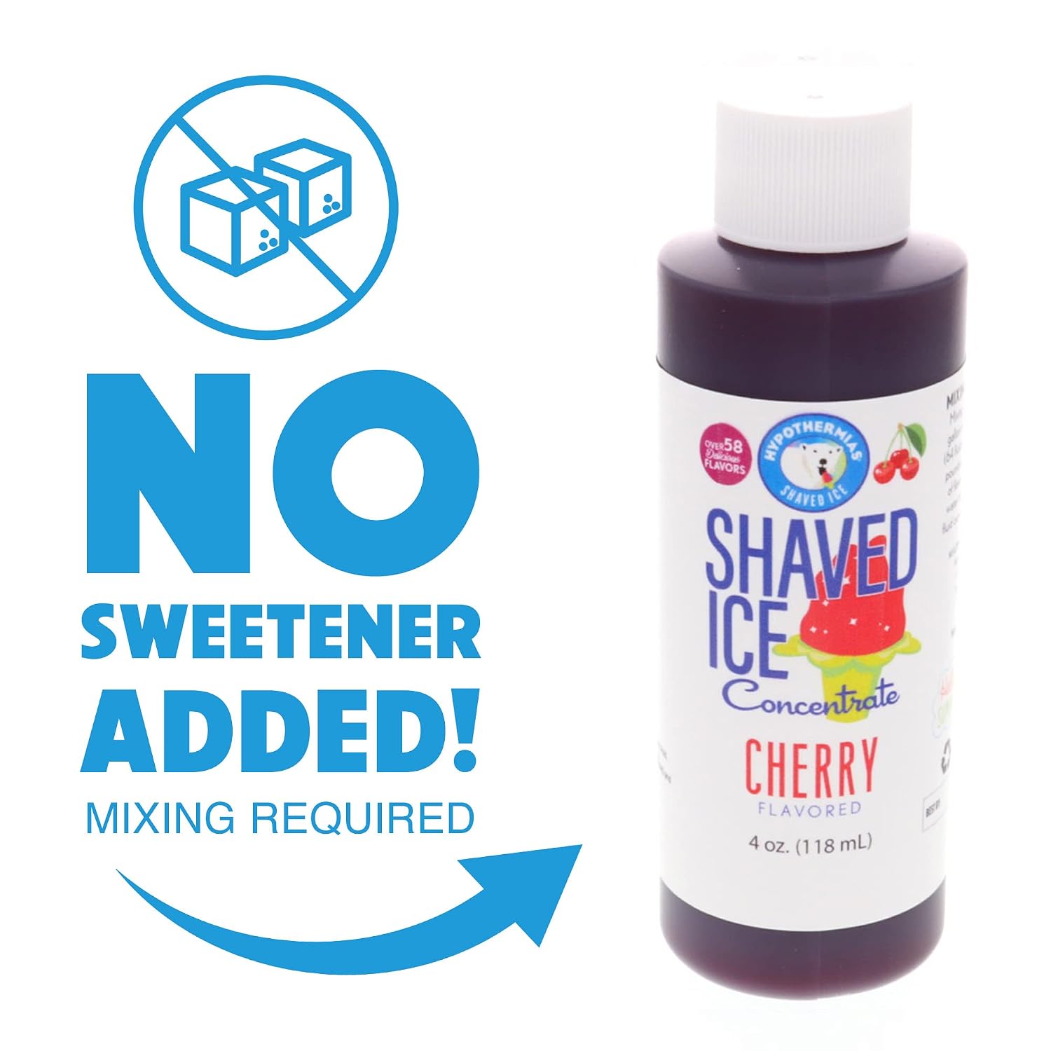 Hypothermias Shaved Ice and Snow Cone Syrup Unsweetened Flavor Concentrate - 4 Fl Oz - Makes 1 Gallon of Ready to Use Syrup - Cherry - Must Add