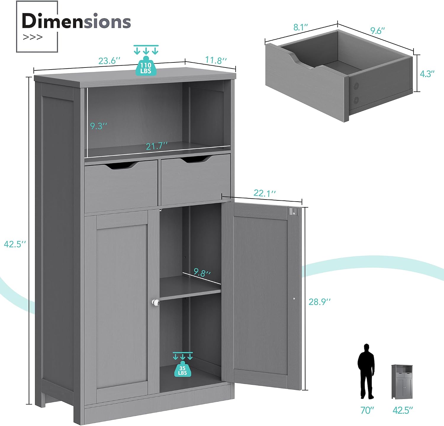 Vongrasig Bathroom Storage Cabinet, 42.5" H Freestanding Floor Cabinet | Wooden Modern Cabinet with 2 Drawers, Open Shelf and Adjustable Shelf for Bathroom, Laundry Room and Entryway, White