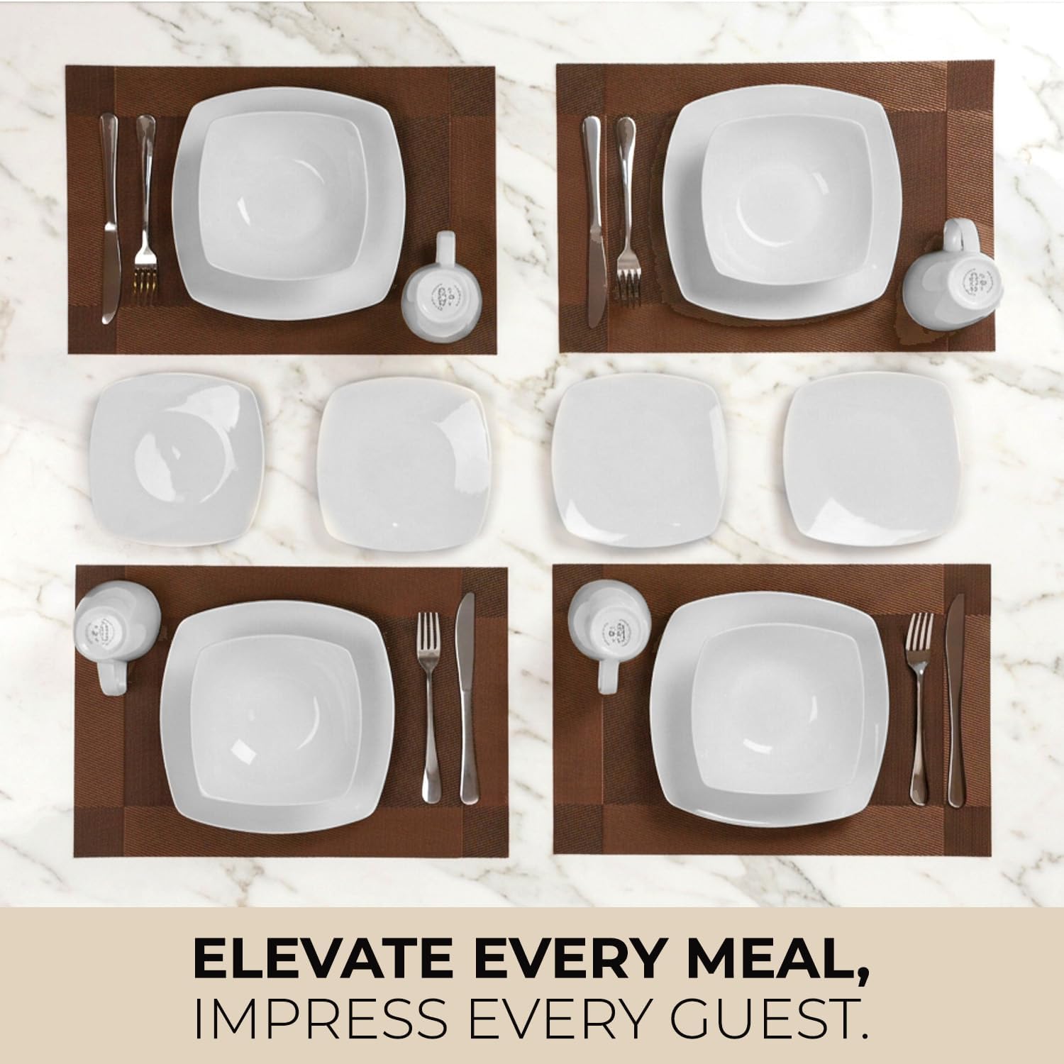 Zulay Kitchen Luna Plates and Bowls Sets, 16 Piece Modern Porcelain Dish Set for 4, Chip and Scratch Resistant Square Dinnerware Set