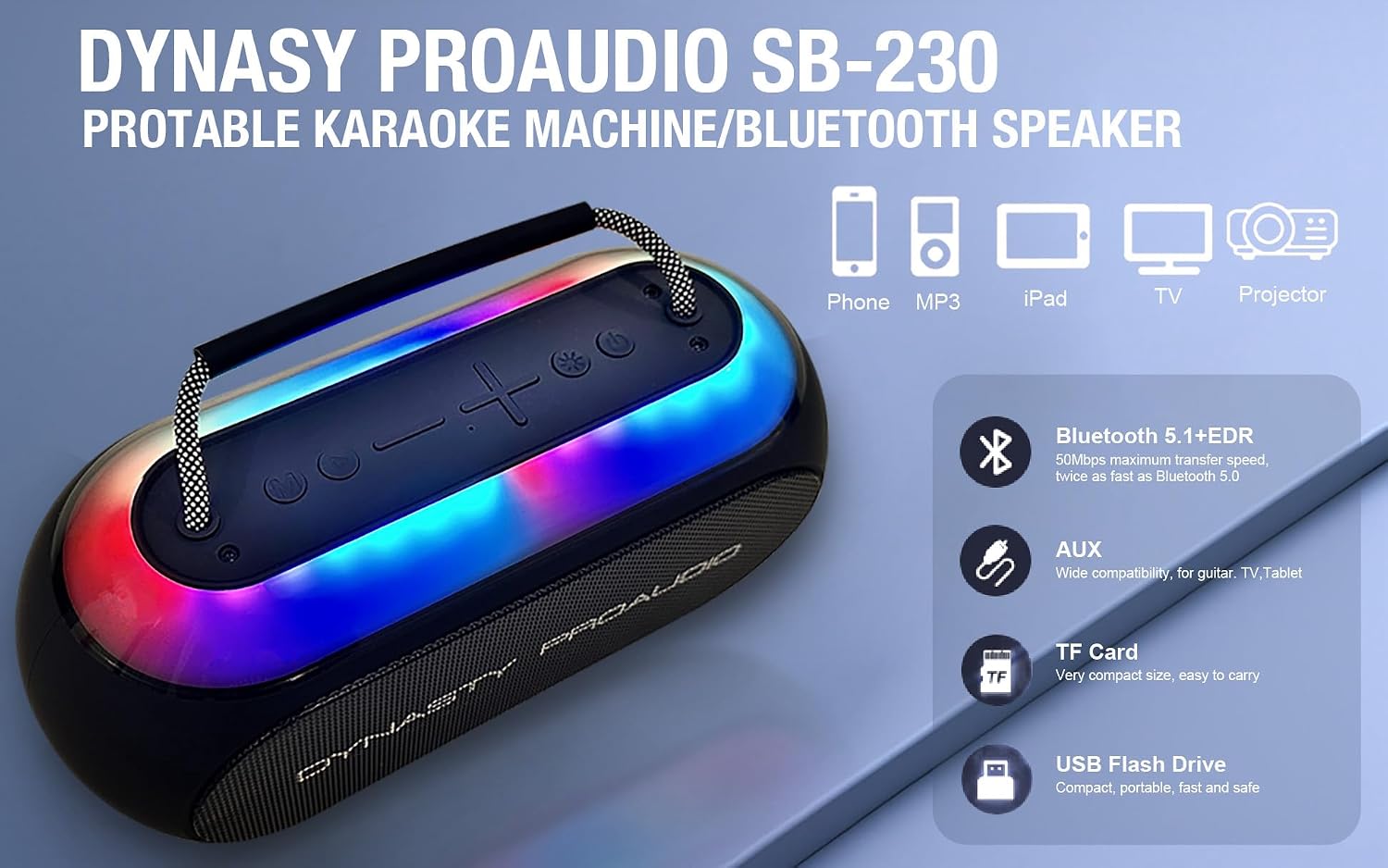 Dynasty ProAudio SB-230 Portable Bluetooth Speaker/Karaoke Machine with Two Wireless Microphones, Waterproof, Supports for USB, AUX, TF-Card