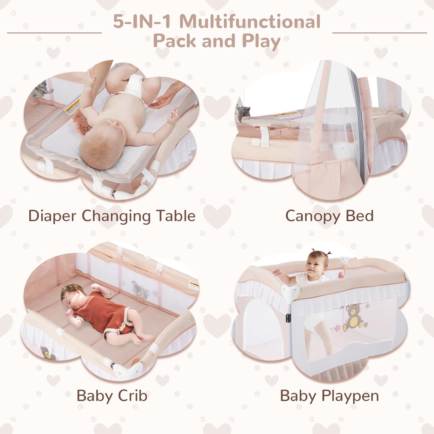 HONEY JOY 4-in-1 Pack and Play with Canopy, Portable Baby Playard w/Changing Table and Infant Bassinet Cute Toys & Music