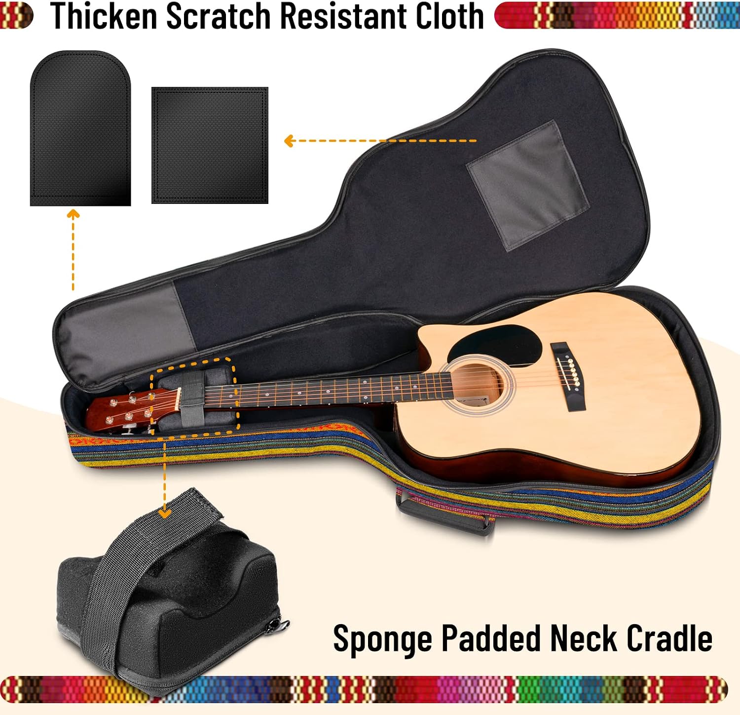 CAHAYA Acoustic Guitar Bag with Neck Cradle Bohemian Vintage Guitar Case 0.65in Thick Sponge Padded Guitar Case for 40 41 42 In Acoustic Classical
