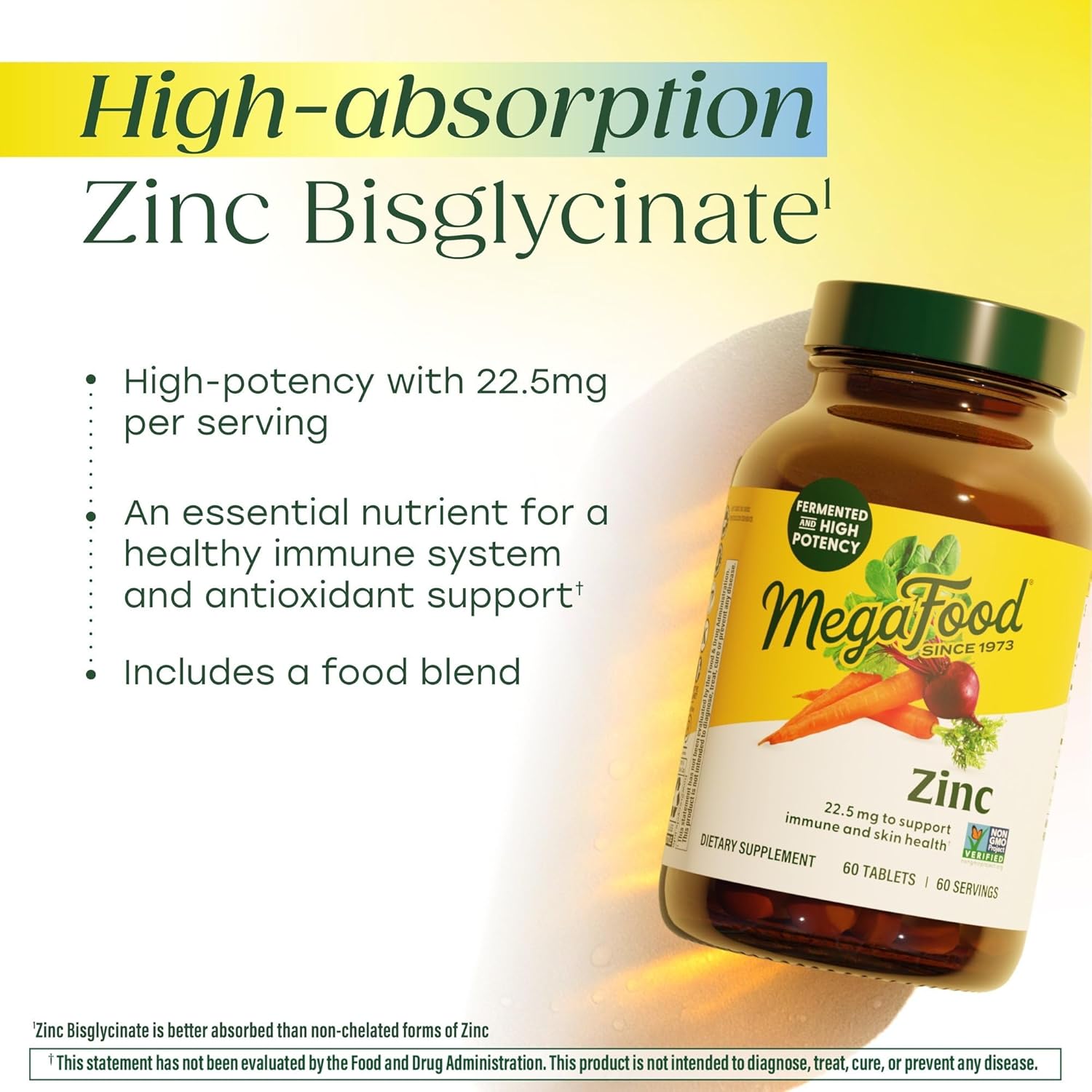 MegaFood Zinc Bisglycinate, High Absorption, Immune Support, 120 Tablets