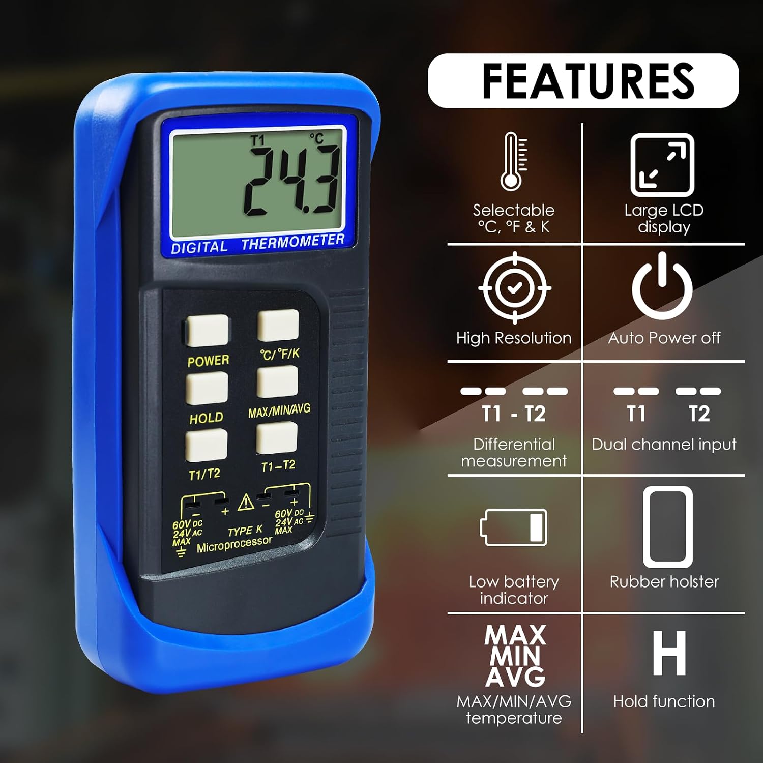 Thermocouple Thermometer Digital K Type Dual Channel Thermometer HVAC Temperature Meter with 4 Thermocouples, MAX/MIN/AVG Temperature Measurement