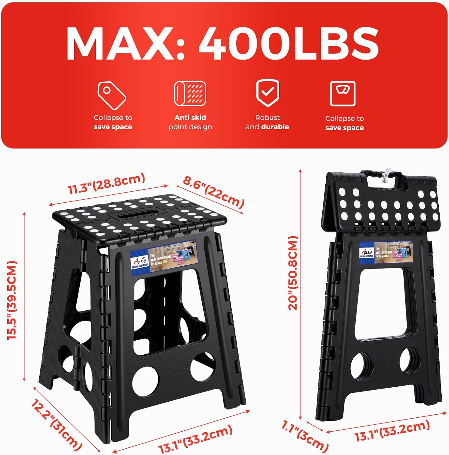 ACKO 13 Inch Folding Step Stool, Holds 300 lb for Adults and Kids, Black | Collapsible Heavy Duty Foldable Stools, Portable Non-Slip Foot Stepping stool, Kitchen Bathroom Bedroom Outdoor with Handle