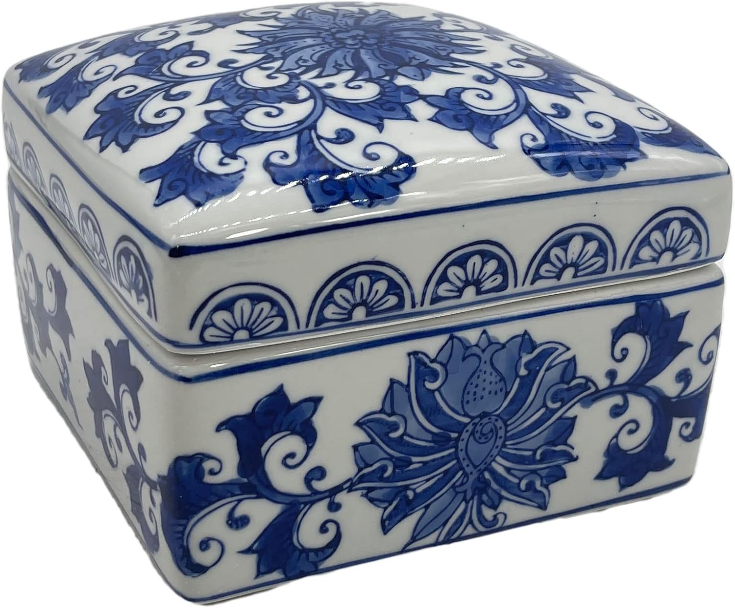 Blue & White China Lotus Floral Pattern Chinoiserie Square Ceramic Storage Box Jewelry Trinkets Organizer