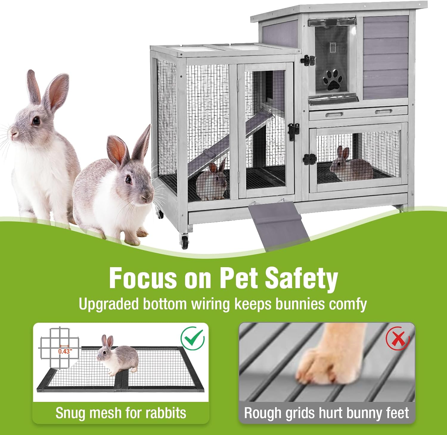 Outdoor Rabbit Hutch Indoor Bunny on Wheels Large Guinea Pig Cage with Run for Any Small Animals,Removable Pull Out Tray