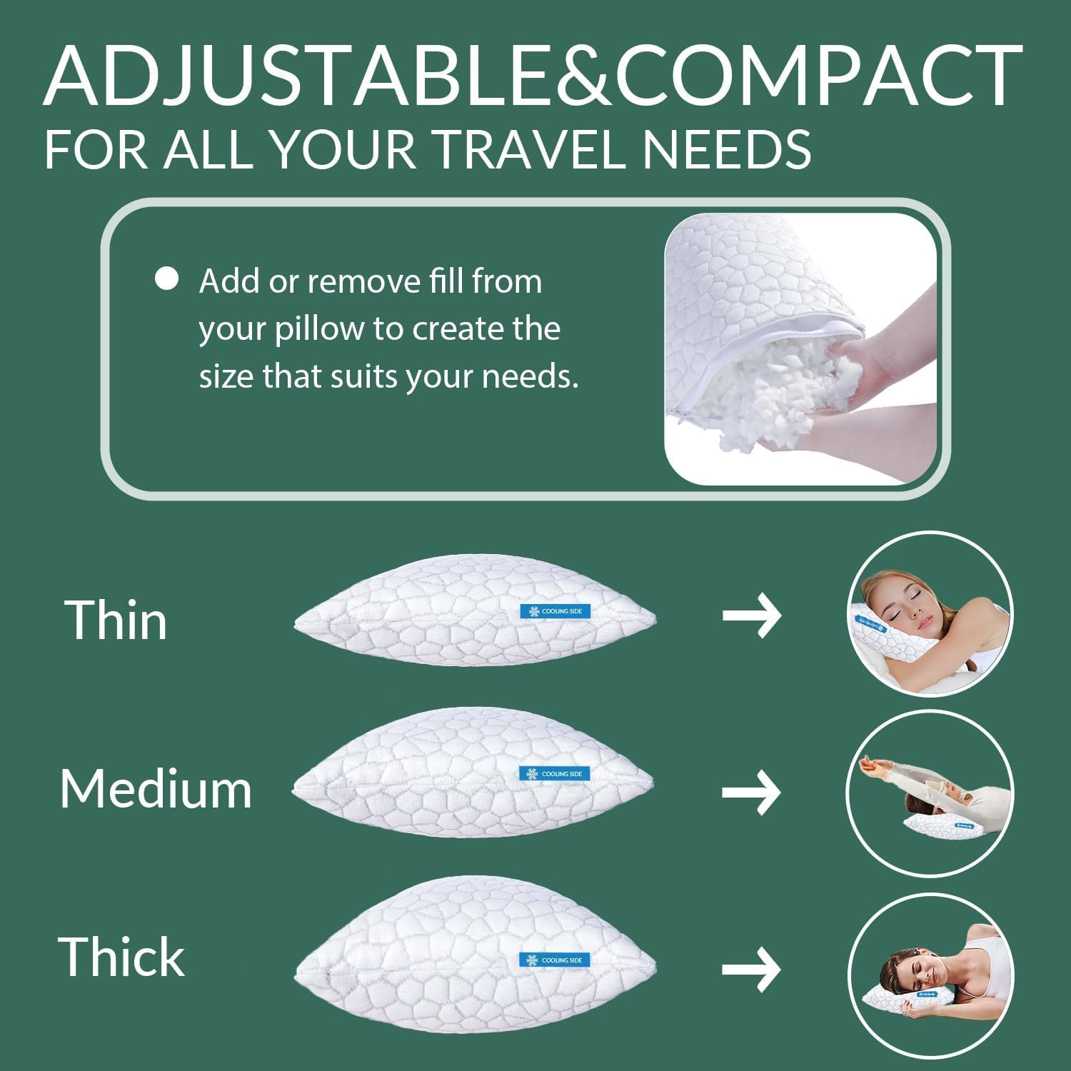 QUTOOL Cooling Pillow for Sleeping, CertiPUR-US Shredded Memory Foam Queen Pillows Set of 2, Cool Pillow for Hot Sleepers Adjustable Firm Pillow for Side, Back, Stomach Sleepers Soft Yet Support,White