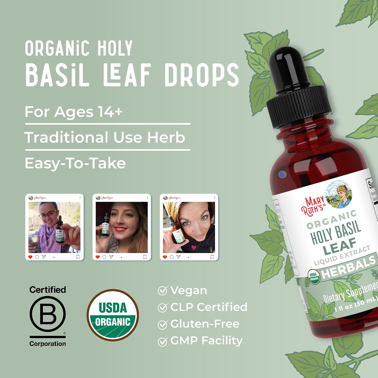 MARYRUTH'S Organic Holy Basil Leaf Liquid Drops, Vegan, Non-GMO, 1oz