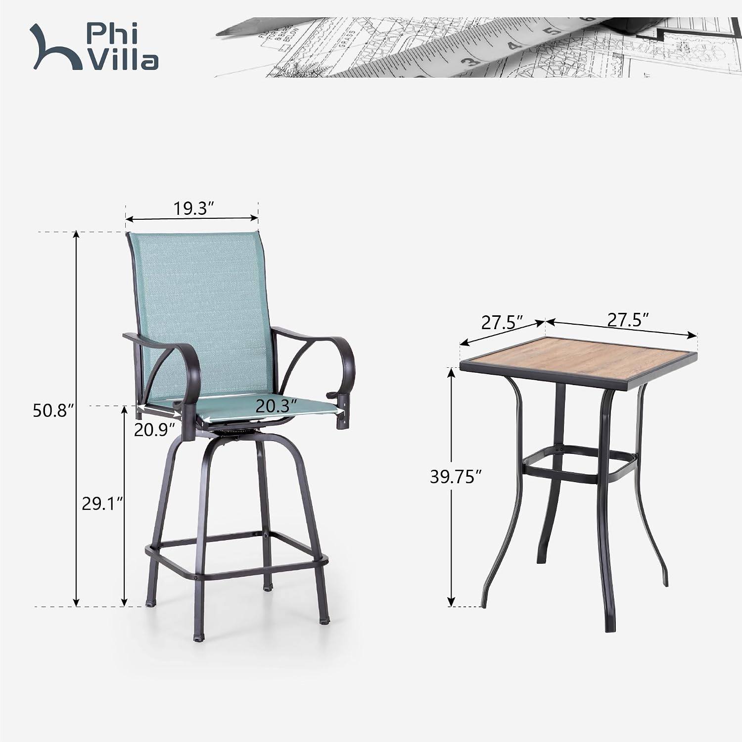 PHI VILLA Bar Height Patio Table and Chairs Set for 2