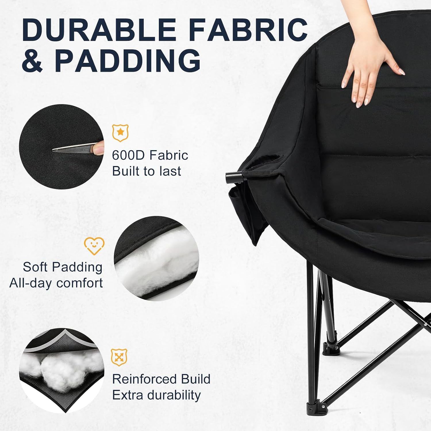 Oversized Camping Chairs for Adult - Heavy Duty Padded Portable Folding Chair XL Collapsible Camp Chair with Cup Holder Side Pocket for Outdoor Lawn Beach Sport Fishing Support 500LBS, Grey