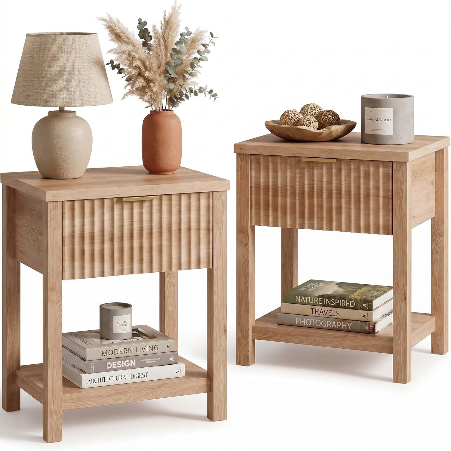 Fluted Night Stand Set of 2 with Golden Handle, Mid-Century Nightstands with Drawer, Bed Side Tables for Bedroom, Bedside Table with Storage Shelf