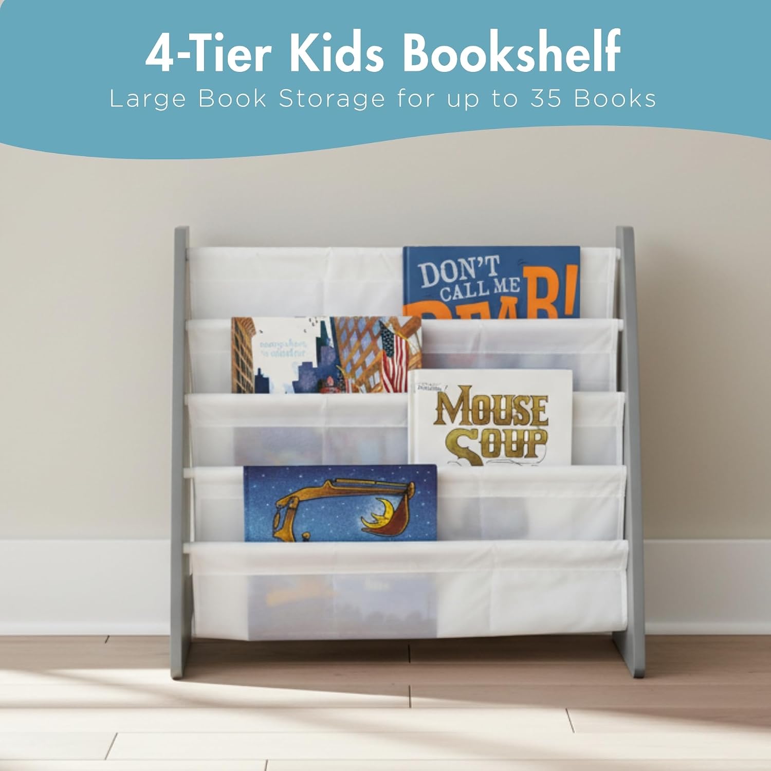 Humble Crew Kids Bookshelf, Montessori Front Facing Toddler Bookcase 4 Tier | Book display rack and reading nook organizer, nylon pockets show covers face out, compact for any playroom or bedroom space