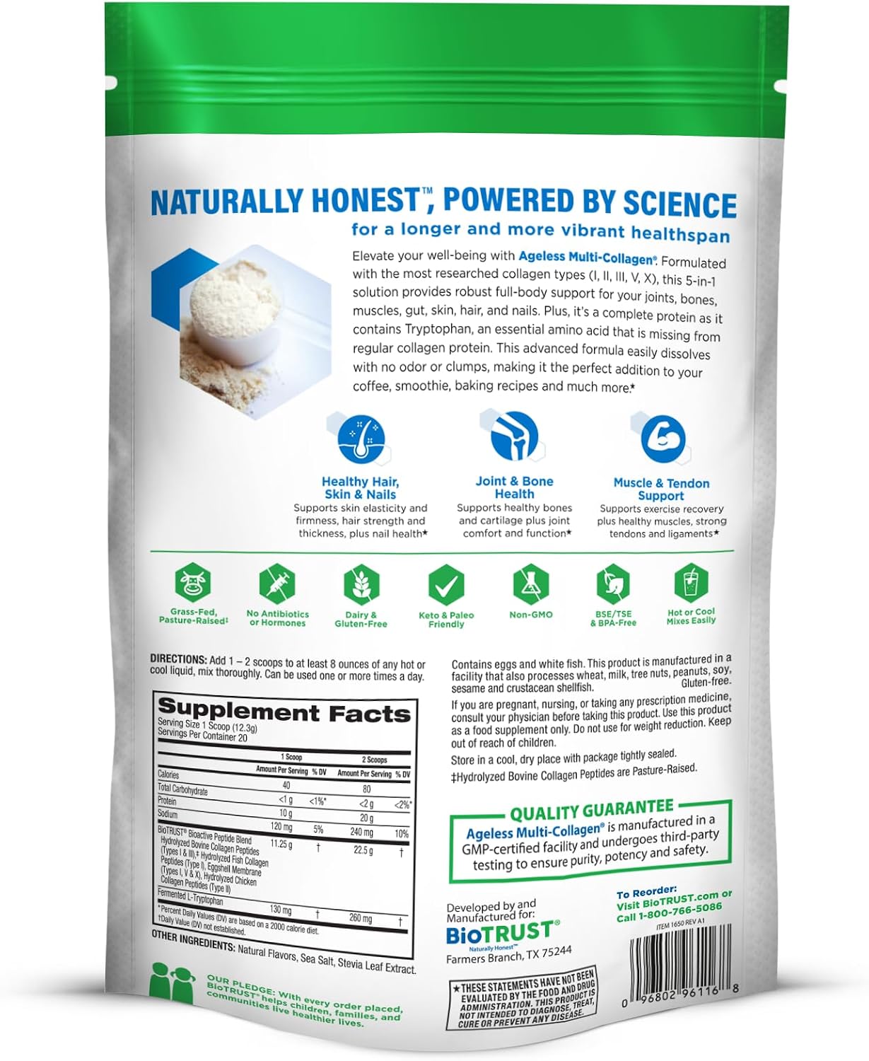BioTrust Multi Collagen Peptides Unflavored Powder - Hydrolyzed, Grass Fed | 5 collagen types (I, II, III, V & X) from grass fed beef, fish, chicken & eggshell membrane with protein support