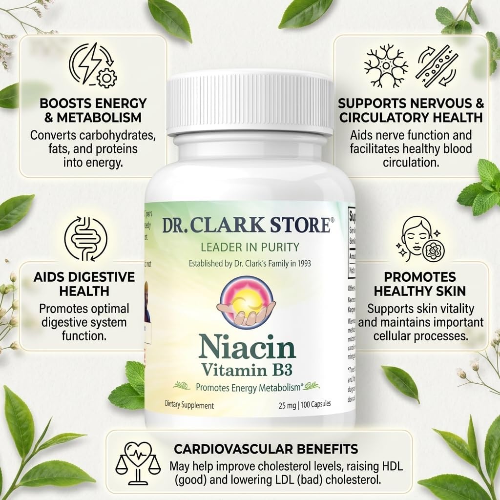 Dr Clark Niacin (Vitamin B3) Supplement – 25mg, 100 Gelatin Capsules, Supports Circulation & Healthy Cholesterol Levels
