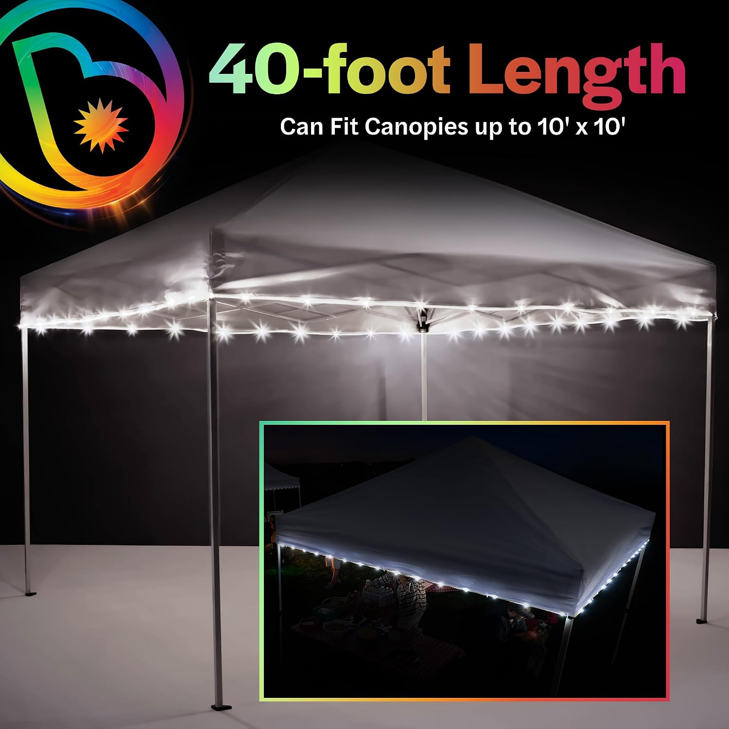 Brightz LED Canopy Lights, White 40ft String Light for 10x10 Tents | Outdoor canopy tent lights, football tailgate essentials & accessories