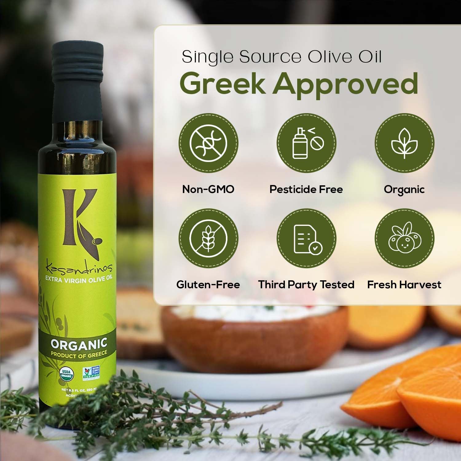 Kasandrinos Organic Olive Oil Extra Virgin, Polyphenol Rich Greek Olive Oil, 100% Organic First Cold Pressed, Mild + Delicate Flavor, Verified by Non GMO, 500 ml / 16.9 oz