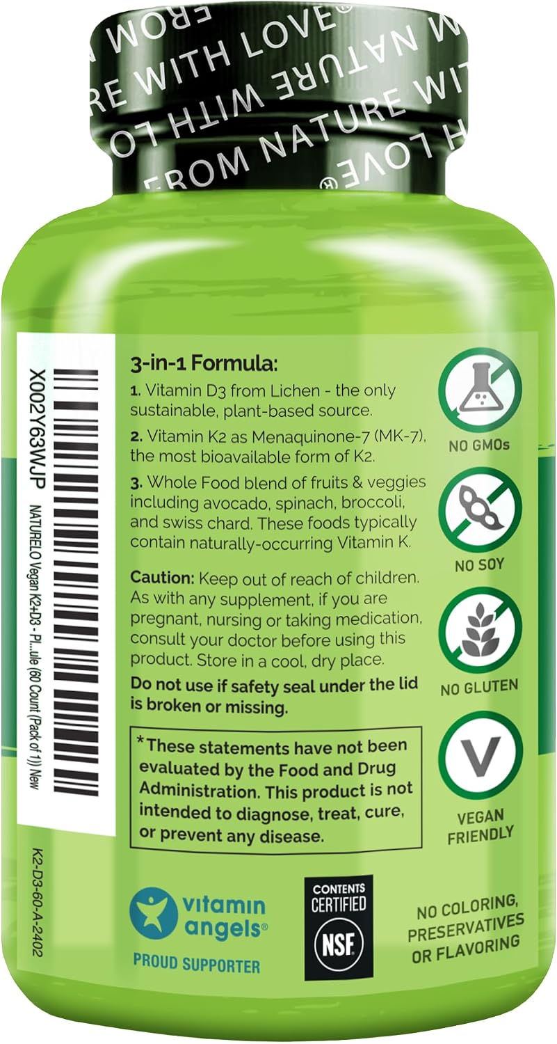 NATURELO Vitamin D3 K2, Vegan K2+D3 Supplement, 60 Capsules