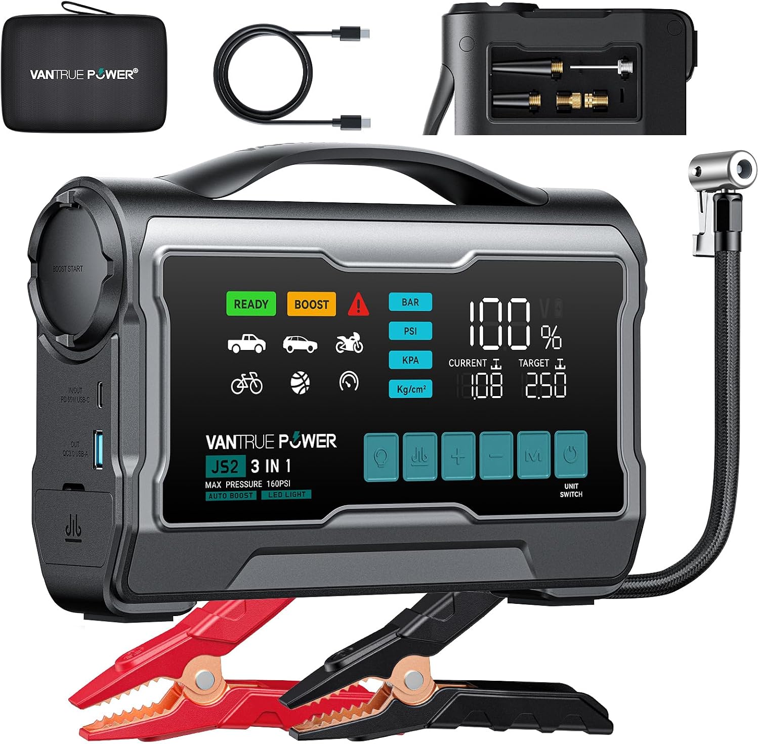 JS3 Real 3250A Jump Starter with Air Compressor 160PSI, 12V Car Battery Booster with Display, Jump Box with Light, Support 65W Fast Charging Power Bank, 10L Gas/8L Diesel Engines