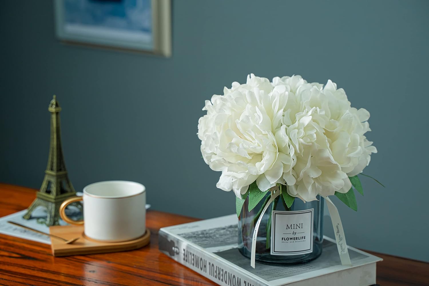 MOOMASS Artificial Peony and Glass vase, Ins Style Artificial Flower Glass Bottle Set, Suitable for Living Room, Dining Table, Office, Wedding