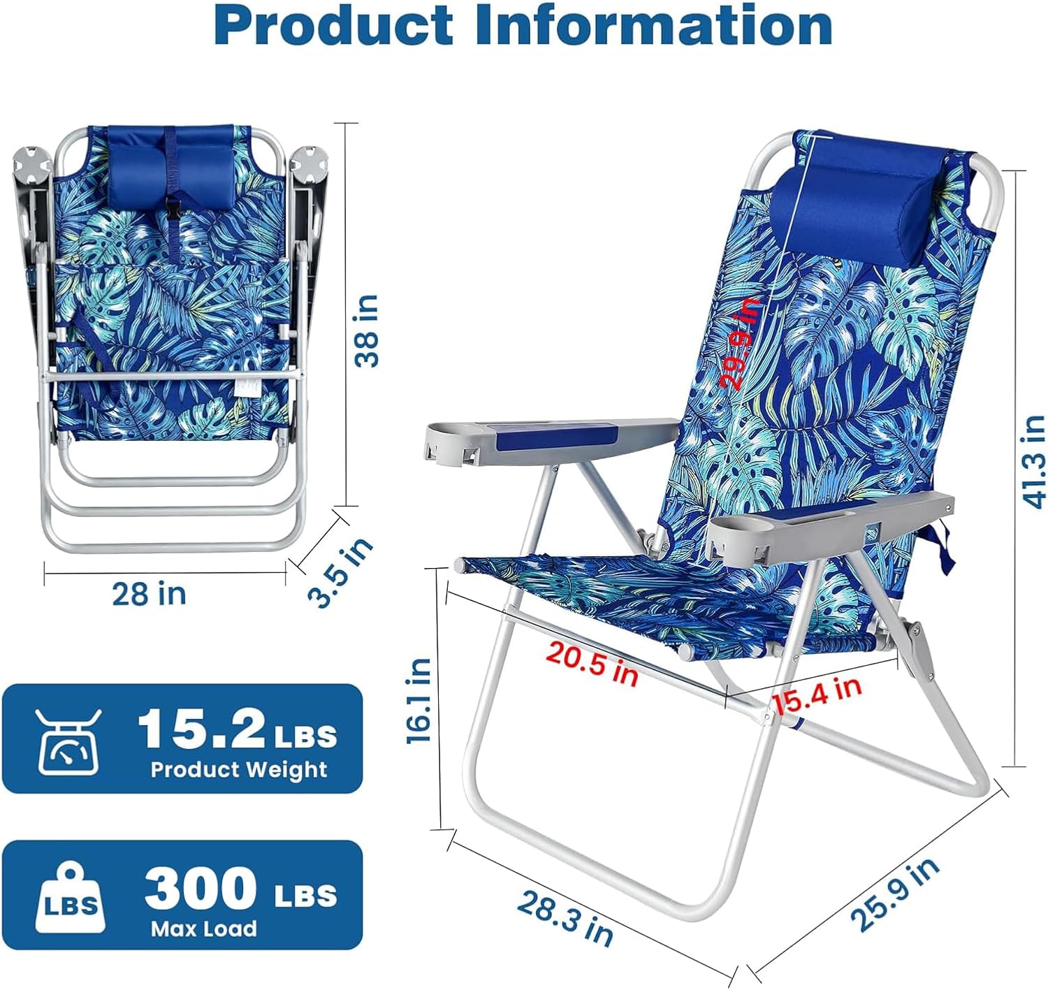 SUNNYFEEL Oversized Tall Folding Beach Chair Lightweight, 17" Portable Sand Chair for Adults Heavy Duty 500 LBS with Cup Holders