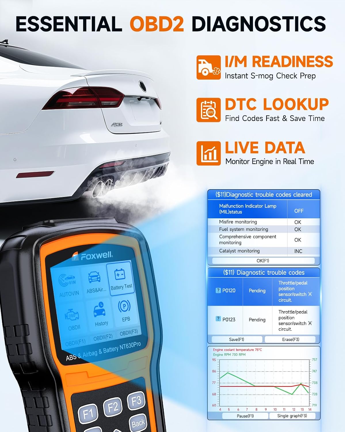 FOXWELL NT630 Plus ABS/SRS OBD2 Scanner, ABS Auto Bleed, Oil EPB SAS Resets