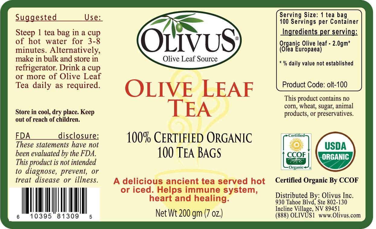 Olive Leaf Tea - Certified Organic - Non-GMO Herbal Tea Bags (100 count) - Sourced from Spain and Manufactured in USA - Antioxidant Immunity Supplement for Health Wellness & Vitality