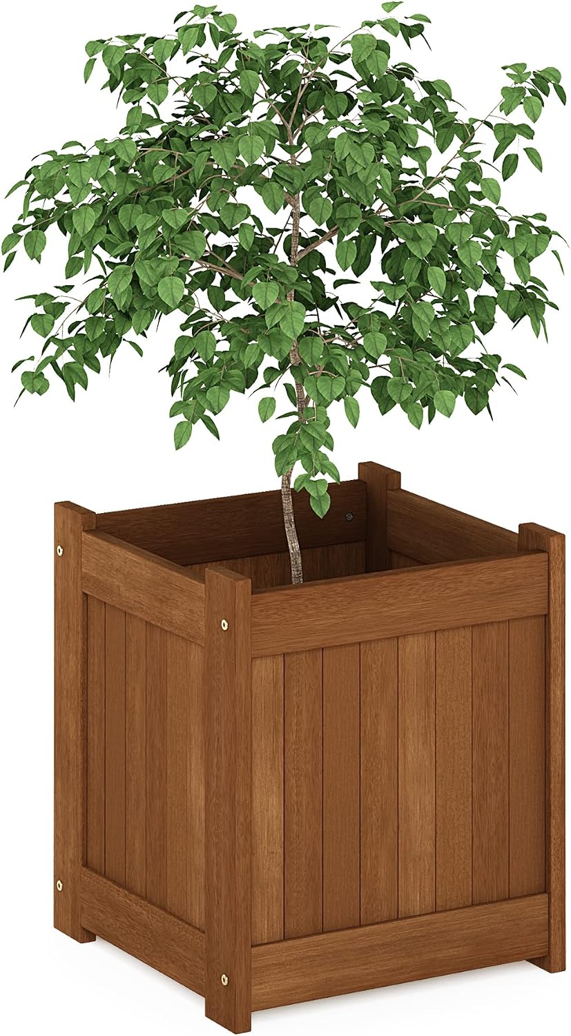 Furinno 2-FG16450 Tioman Hardwood Flower Box, Two-Pack, Natural | 15.4 x 15.4 x 17.7, Flower Box, Garden Box, in Teak Oil, Outdoor Indoor, Garden, Patio, Balcony