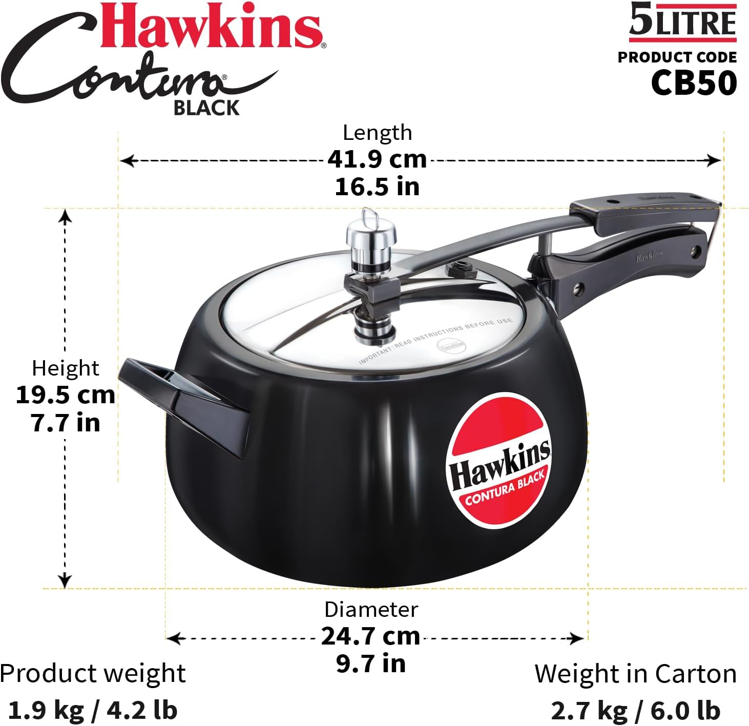 Hawkins 3.5 Litre Contura Black Pressure Cooker, Hard Anodised Inner Lid Cooker, Handi Cooker, Black (CB35)