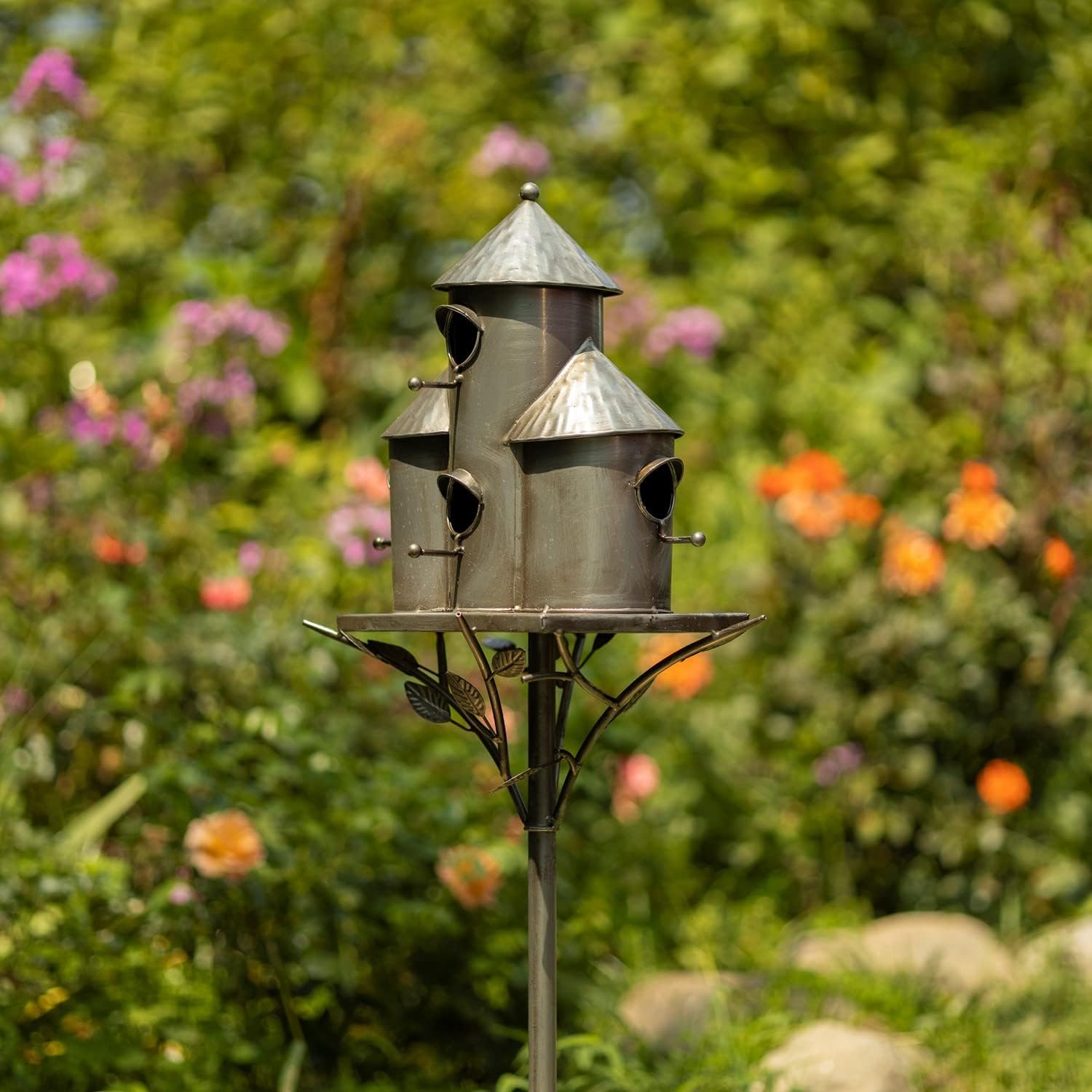 Large Copper Colored Multi-Birdhouse Stakes, Room for 4 Bird Families in Each (Cube Homes with Pyramid Roofs)