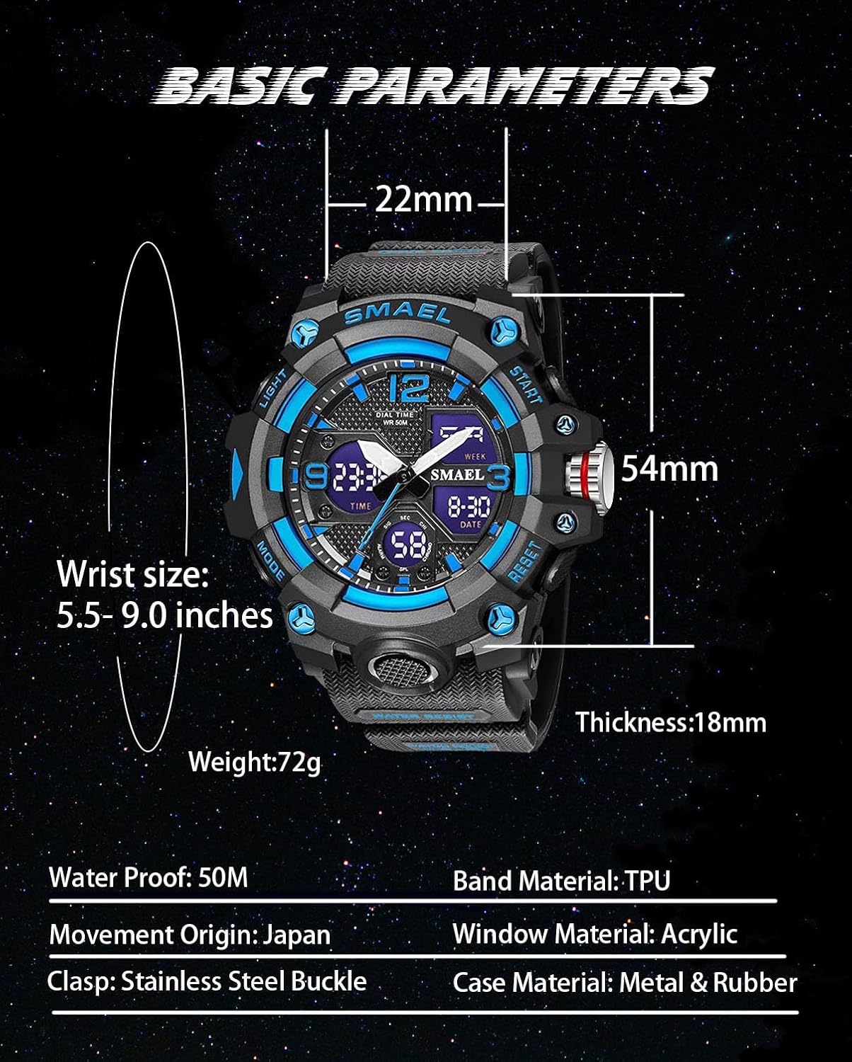 Gosasa Men's Large Face Outdoor Sports Watches Military S-Shock Watch Waterproof, Backlight, Alarm, Stopwatch Features - Rugged Wristwatch for Training, Hiking, and Adventure