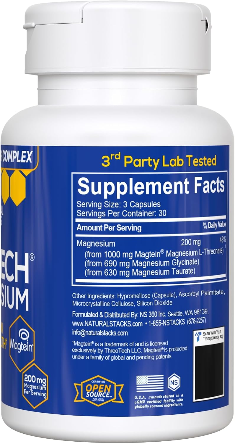 MagTech Magnesium Complex Glycinate, L-Threonate and Taurate, 90 Capsules | Advanced 3 in 1 200mg Chelated Triple Blend w/ Magtein - Supports Relaxation & Brain Health for Women & Men - Natural Stacks