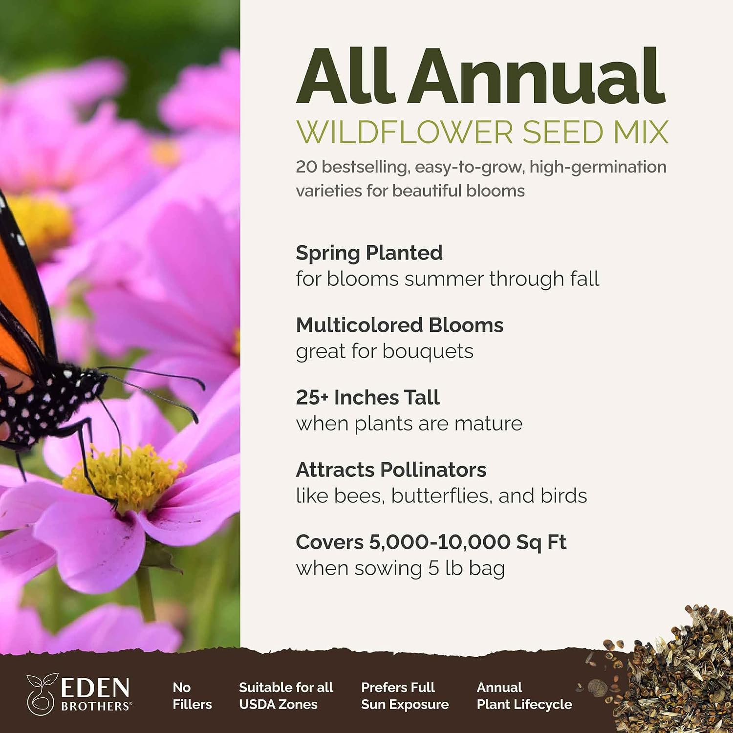 Eden Brothers All Perennial Wildflower Mixed Seeds for Planting, 1 lb, 480,000+ Seeds with Lupine, Shasta Daisy | Attracts Pollinators, Plant in Spring or Fall, Zones 3, 4, 5, 6, 7, 8, 9, 10